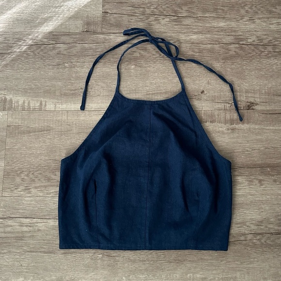 New House Of Harlow 1960 Women’s Halter Neck Crop Top Navy Blue - Picture 2 of 10
